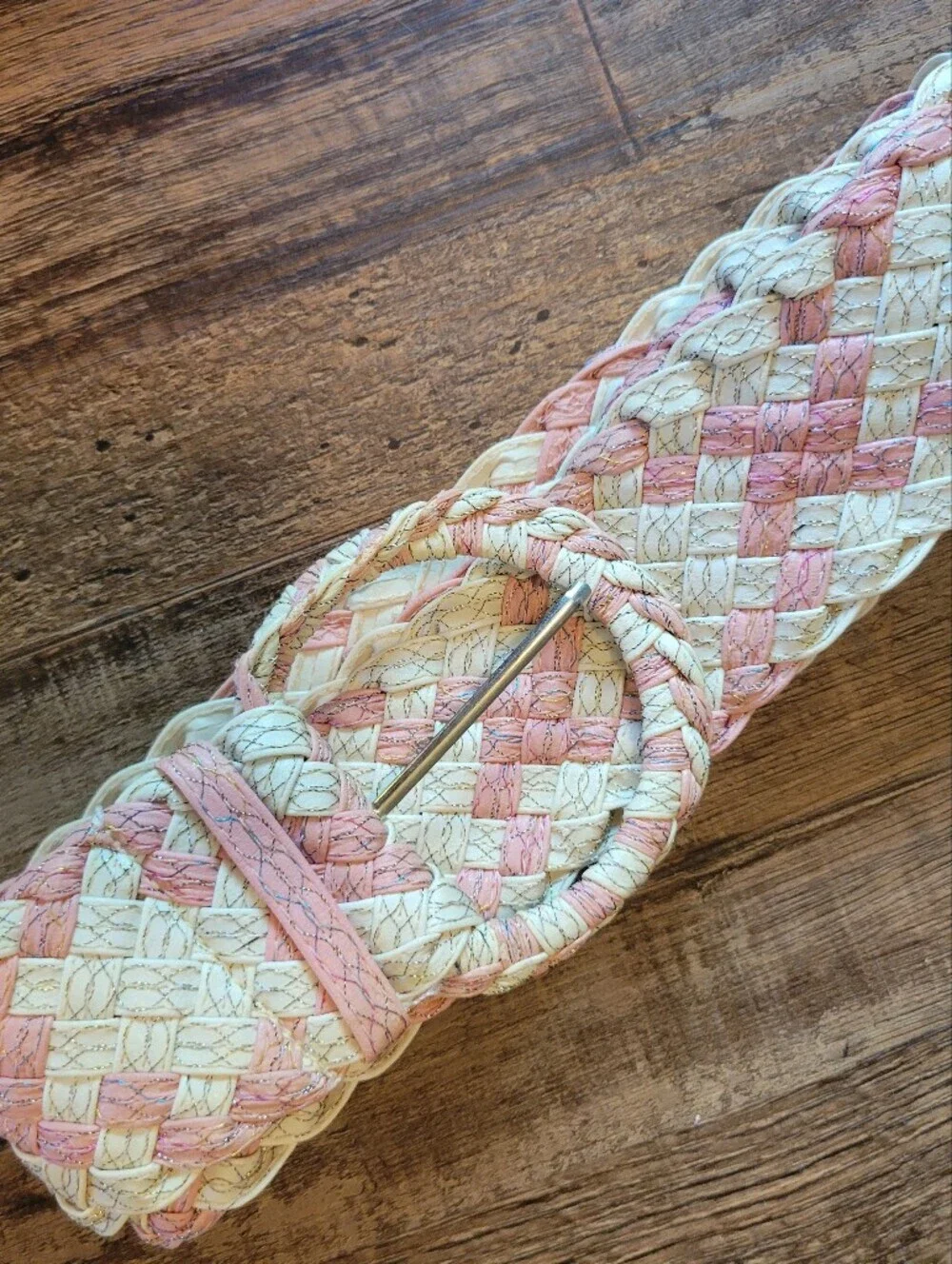 Woven Pink Mixed Media Belt with Round Buckle